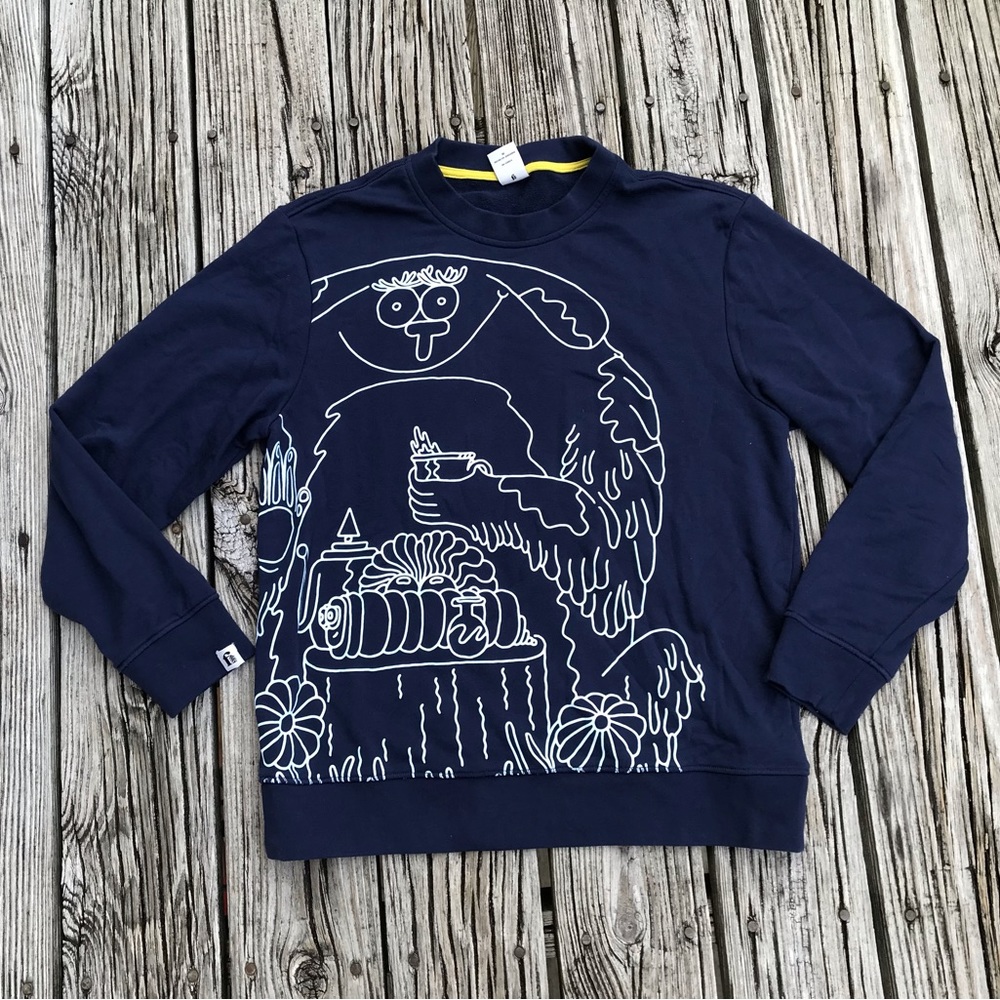 Mens FIELDER BONOBOS Navy Blue Pullover Screenprint Cartoon Sweatshirt M